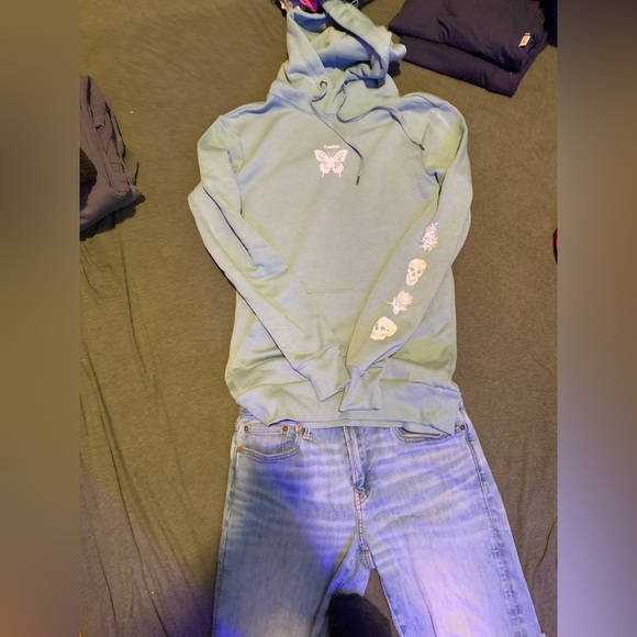 Teal hoodie with print on front and sleeve - Picture 2 of 4